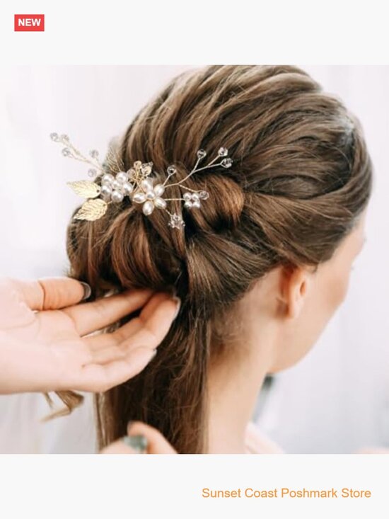 10 Gold Leaf Bridal Hair Pins with Pearl Rhinestone Wedding Hair Accessories